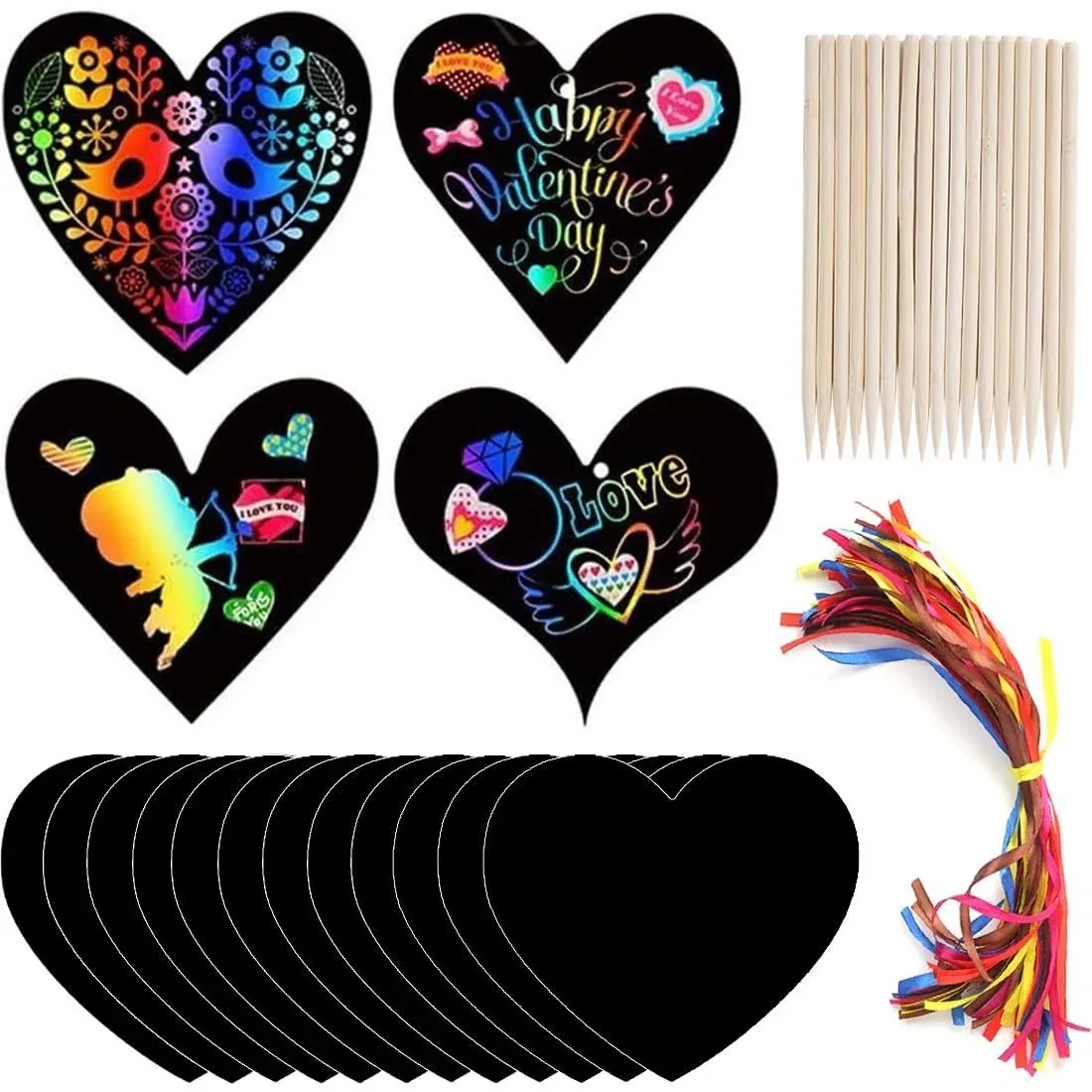 KMUYSL 28Pack Valentines Day Craft Kit for Kids, Scratch Art Rainbow Scratch Heart Shape Hang Tags - Valentine Crafts &amp; Art for Kids Classroom Gift