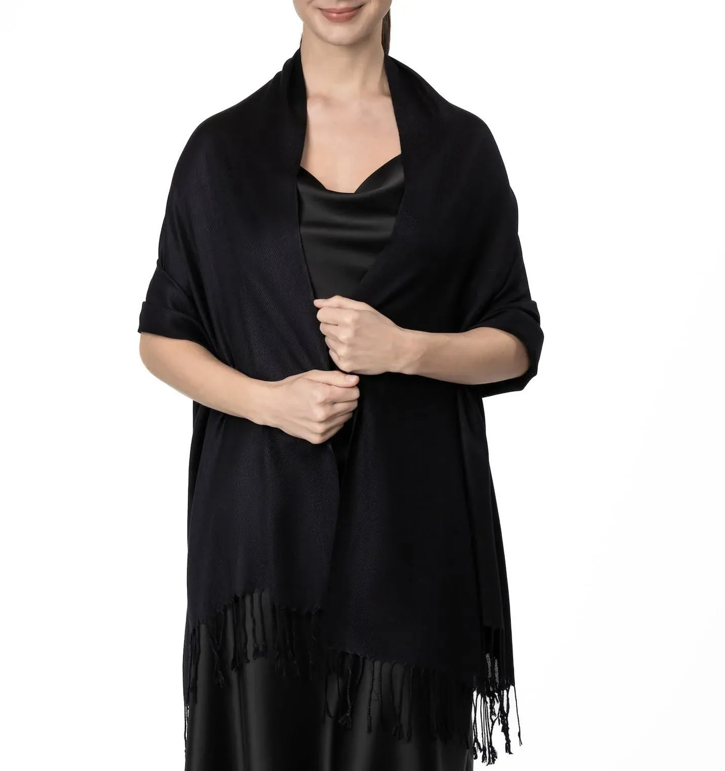 Achillea Large Soft Silky Pashmina Shawl Wrap Scarf in Solid Colors (Black)