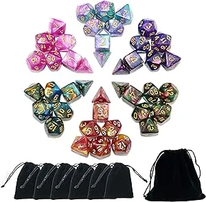 SmartDealsPro 6 x 7 Sets (42 pcs) Glitter Polyhedral Dice Sets with Pouches for DND RPG MTG Dungeon and Dragons Table Board Roll Playing Games D4 D8 D10 D12 D20 (6 Sets)