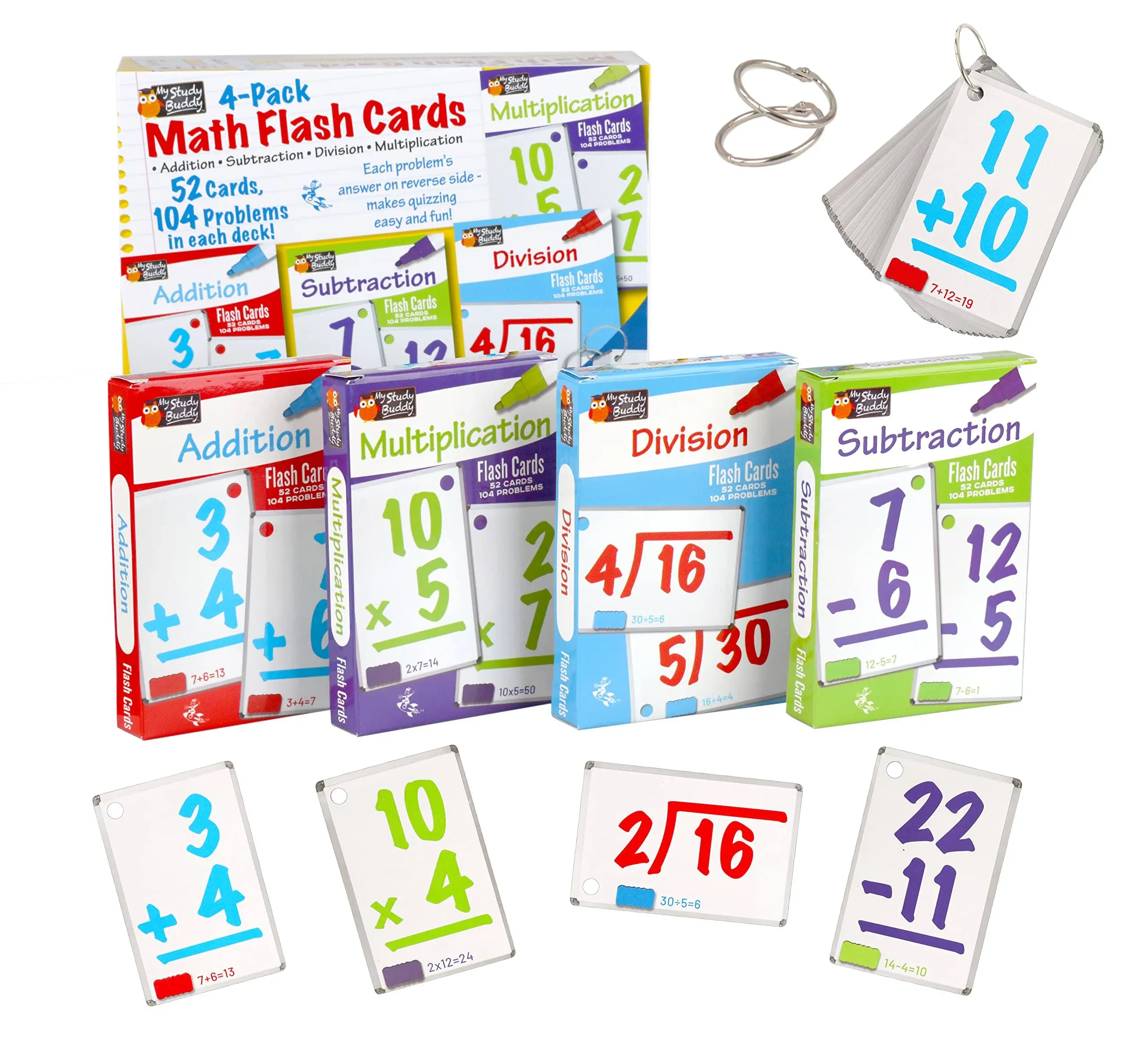 Regal Games Math Flash Cards for Multiplication, Division, Addition and Subtraction - 1st Grade, 2nd Grade, 3rd Grade Math & More - Flash Cards Math w/ 4 Binder Rings for Kids (208 Cards - 4 Packs)