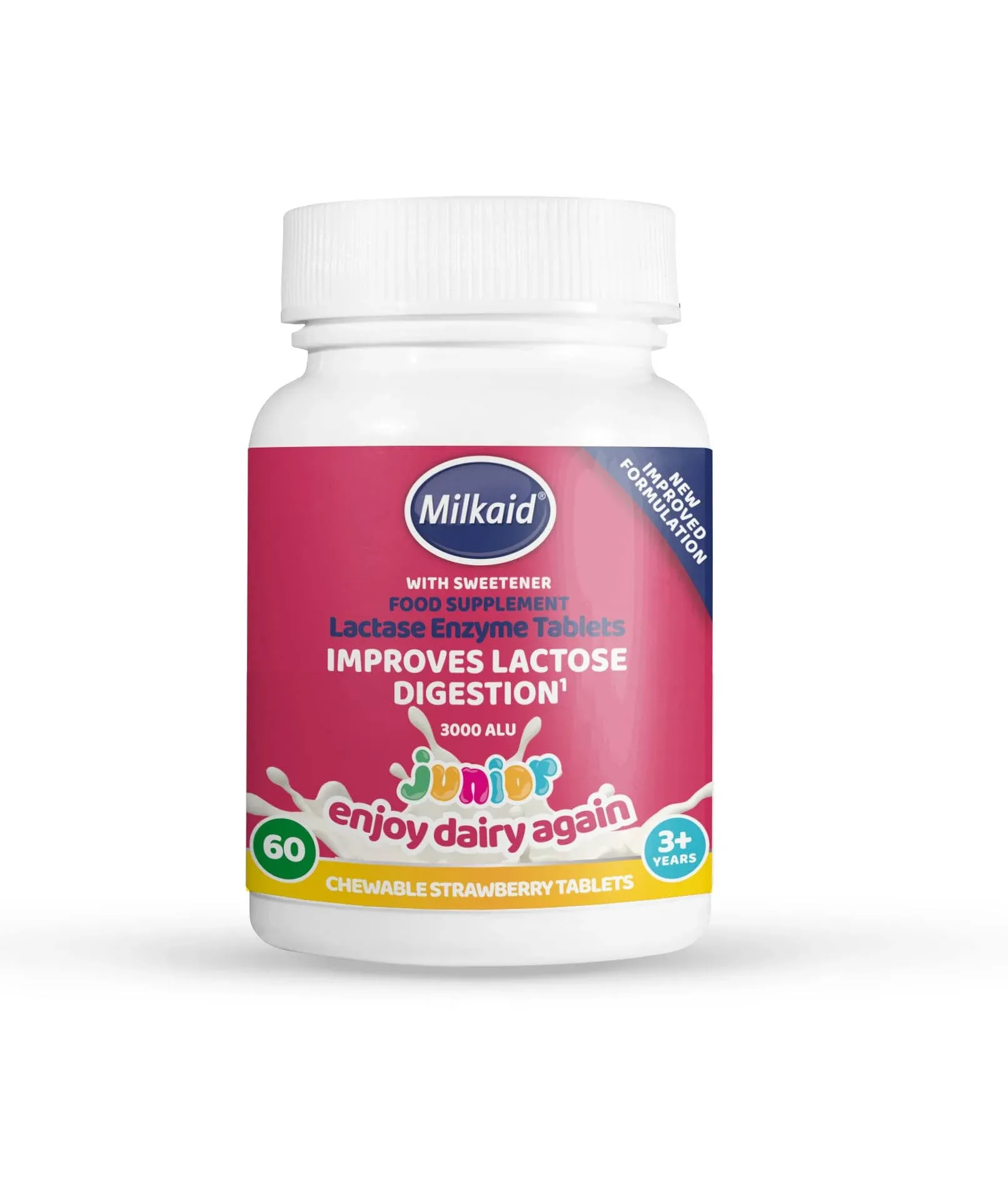 Milkaid Junior Lactase Enzyme Chewable Tablets for Lactose Intolerance Relief | Prevents Gas, Bloating & Diarrhoea | Fast Acting Dairy Digestive Supplement | Gluten Free & Vegan | 60 Tablets