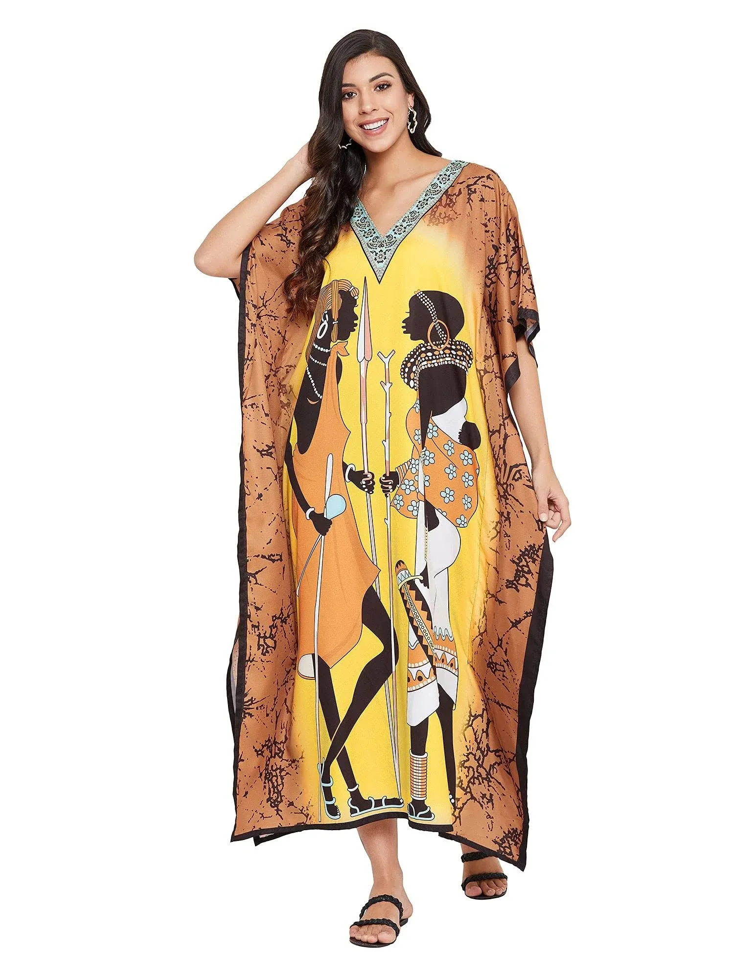 Oussum Tribal Printed Yellow Polyester Kaftan Dress for Women