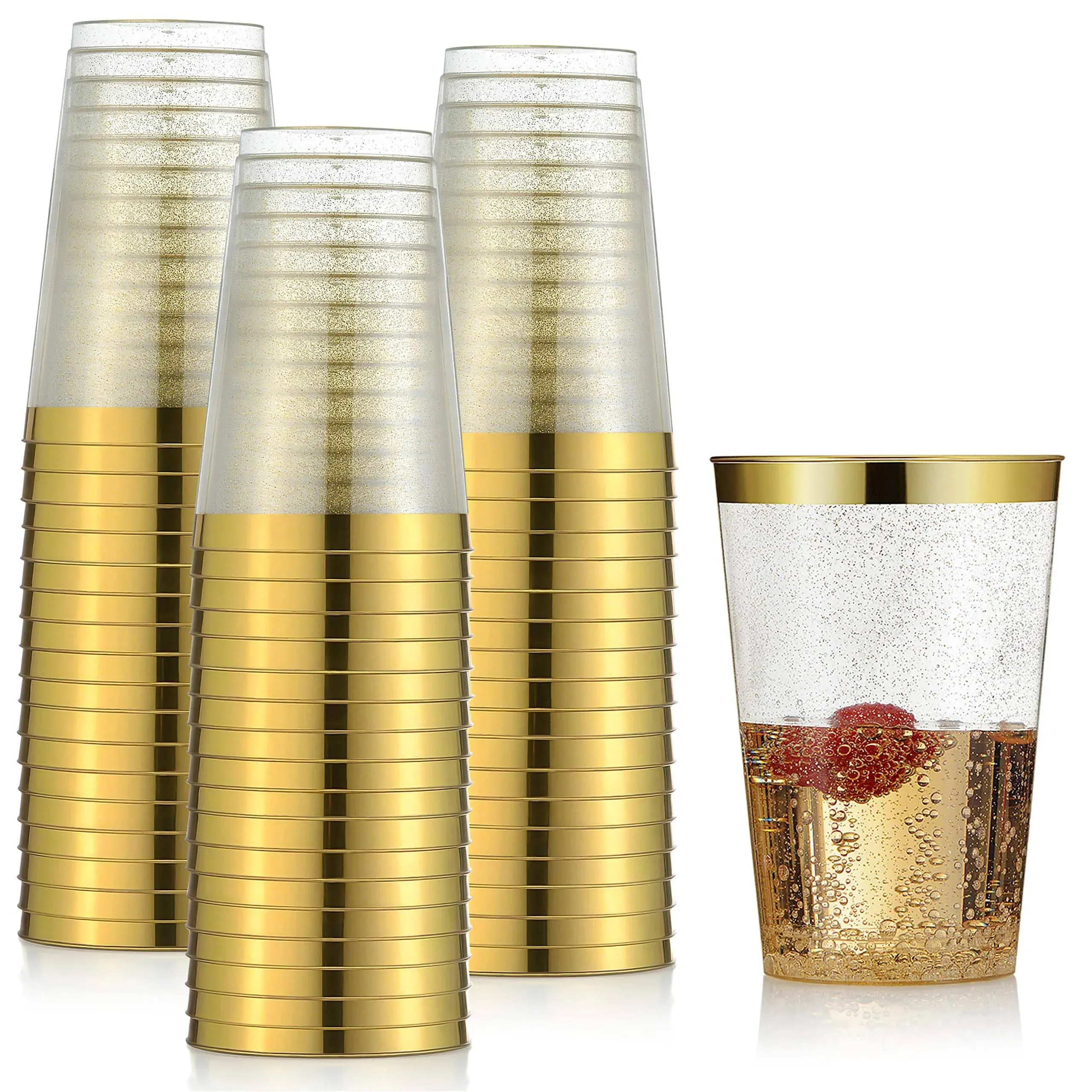 I00000 100 Pack 12 oz Gold Plastic Cups, Gold Rimmed Disposable Cups, Gold Plastic Wine Glasses Plastic Cocktail Glasses Premium Cups with Gold Rim, 12 Ounce Gold Plastic Tumblers For Party