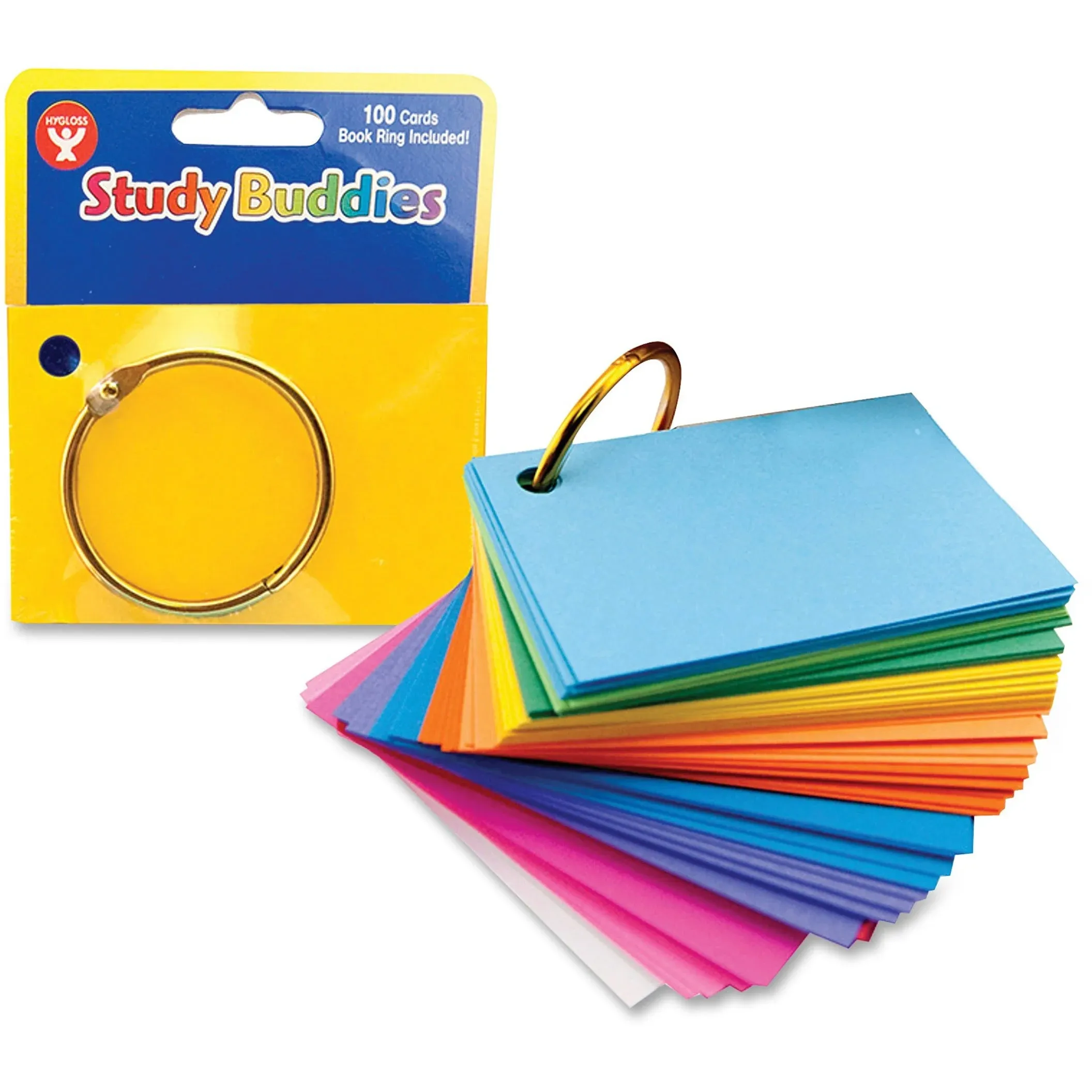 Hygloss Products Study Buddies Cards Flashcards, Rectangle Shape, 2 x 3 Inches, Assorted Color Cardstock, Ideal For Students, Classroom, Build Skills, 1 Colored Book Ring, 100 Qty