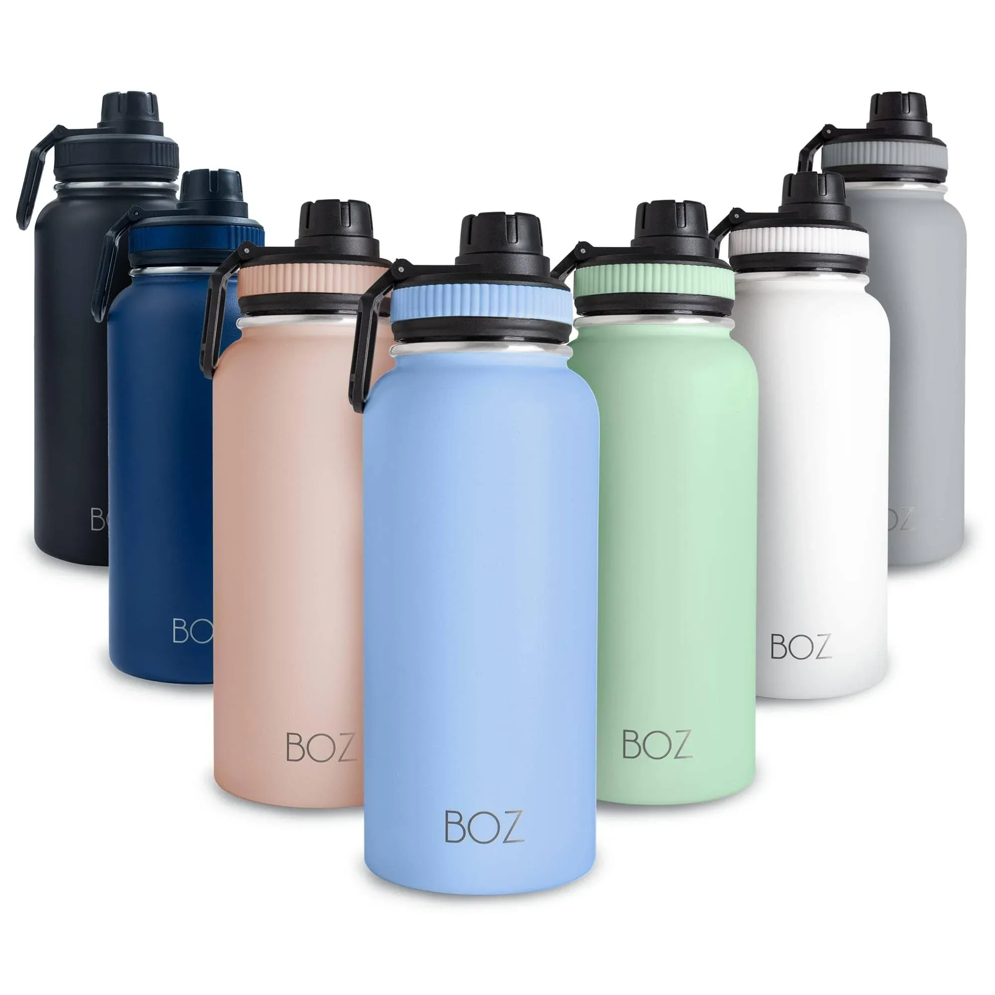 BOZ Stainless Steel Water Bottles 2 Pack Bundle - Blue Water Bottle + Black Water Bottle - Vaccum Insulated Water Bottles 32 Oz - Wide Mouth BPA Free Sport Water Bottles for Gym with Spout Lid