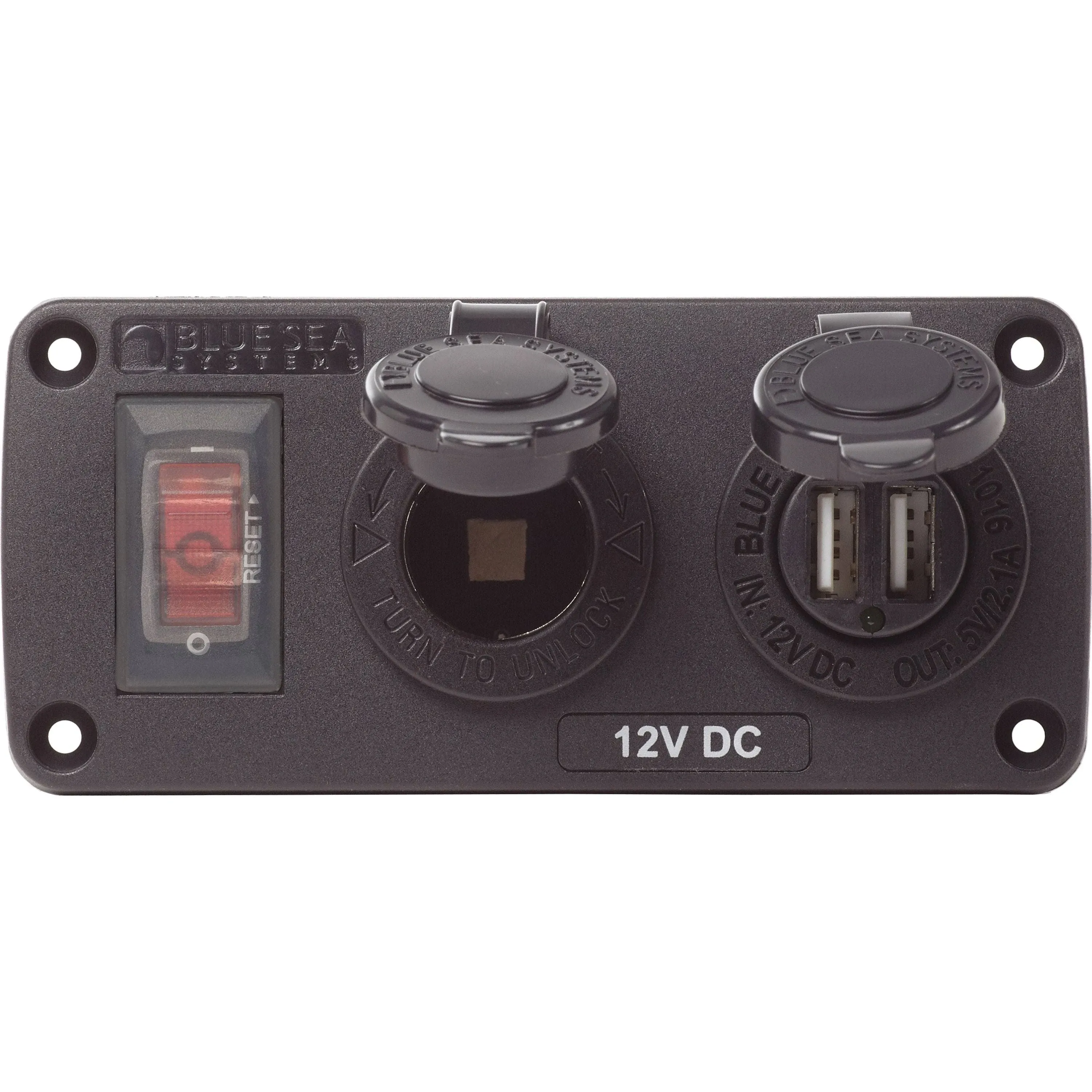 Blue Sea 4365 Water Resistant USB Accessory Panel - 15A Circuit Breaker, 12V Socket, 2x 2.1A Dual