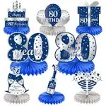 thinkstar 8pcs 80th Birthday Decorations Honeycomb Centerpieces for Men, Blue Silver Happy 80 Birthday Honeycomb Table Party Supplie...