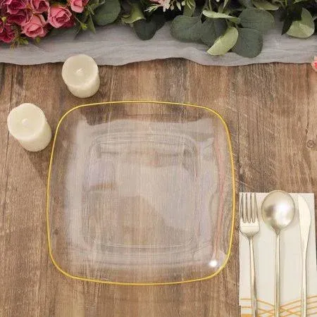 Efavormart 10 Pack | 10 inch Clear with Gold Rim Square Plastic Dinner Plates ...