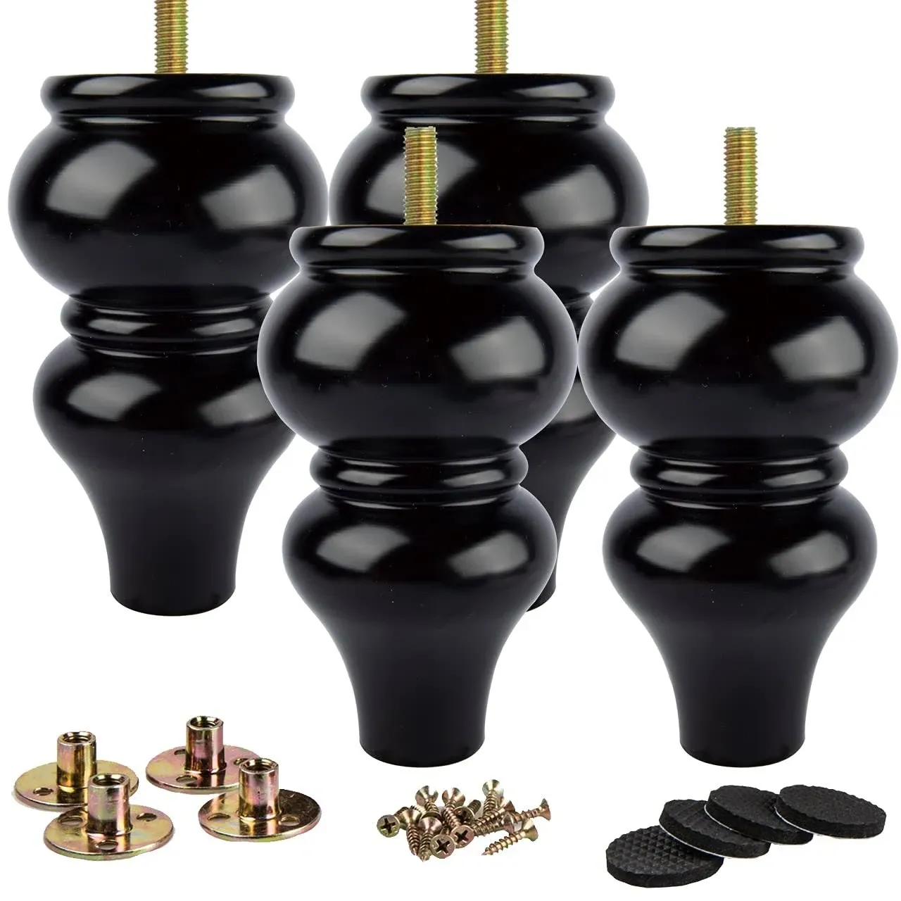 La Vane 6 inch / 15cm Wooden Furniture Legs, 4pcs Black Soild Wood Spindle ...