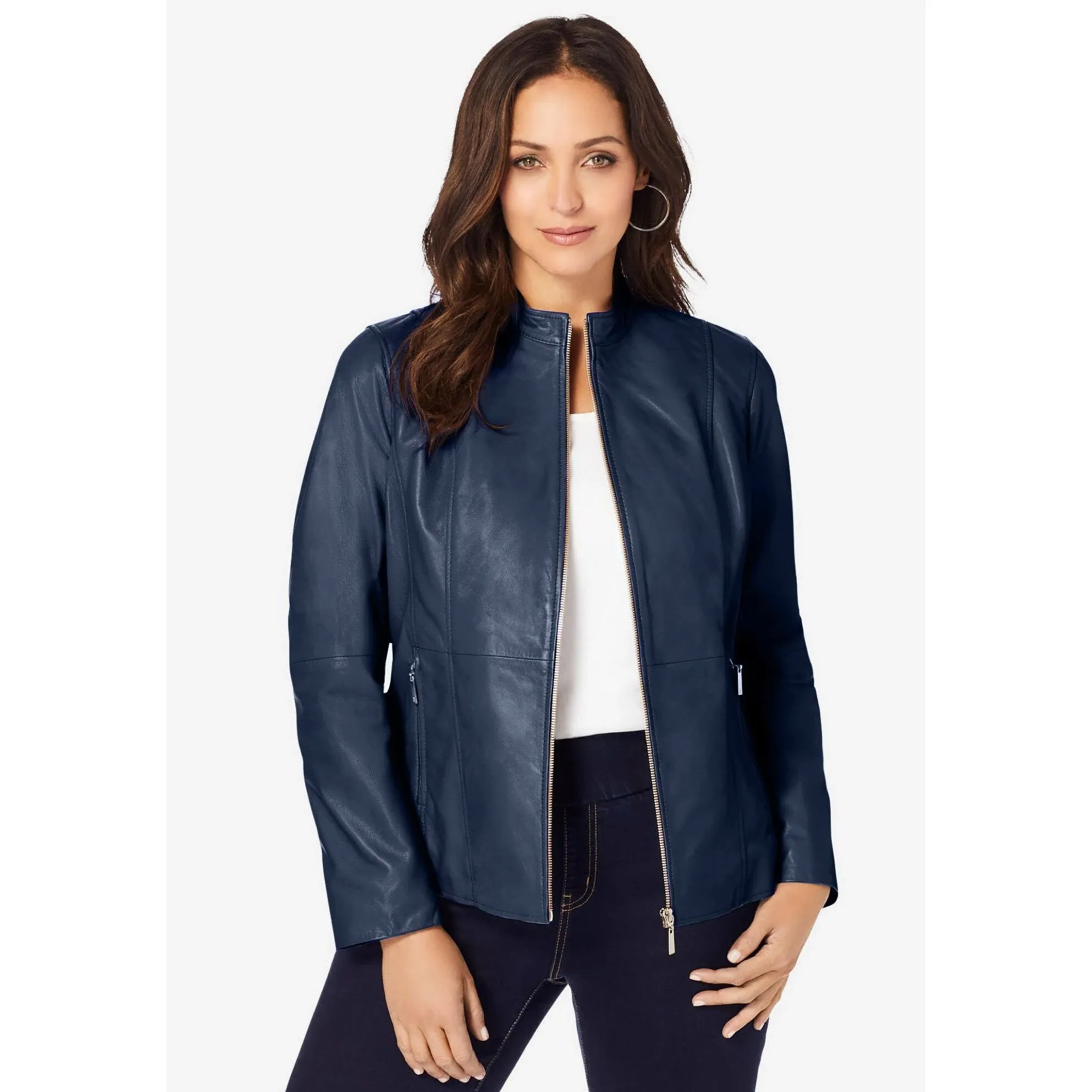 Jessica London Women's Plus Size Zip Front Leather Jacket, 24 W - Navy