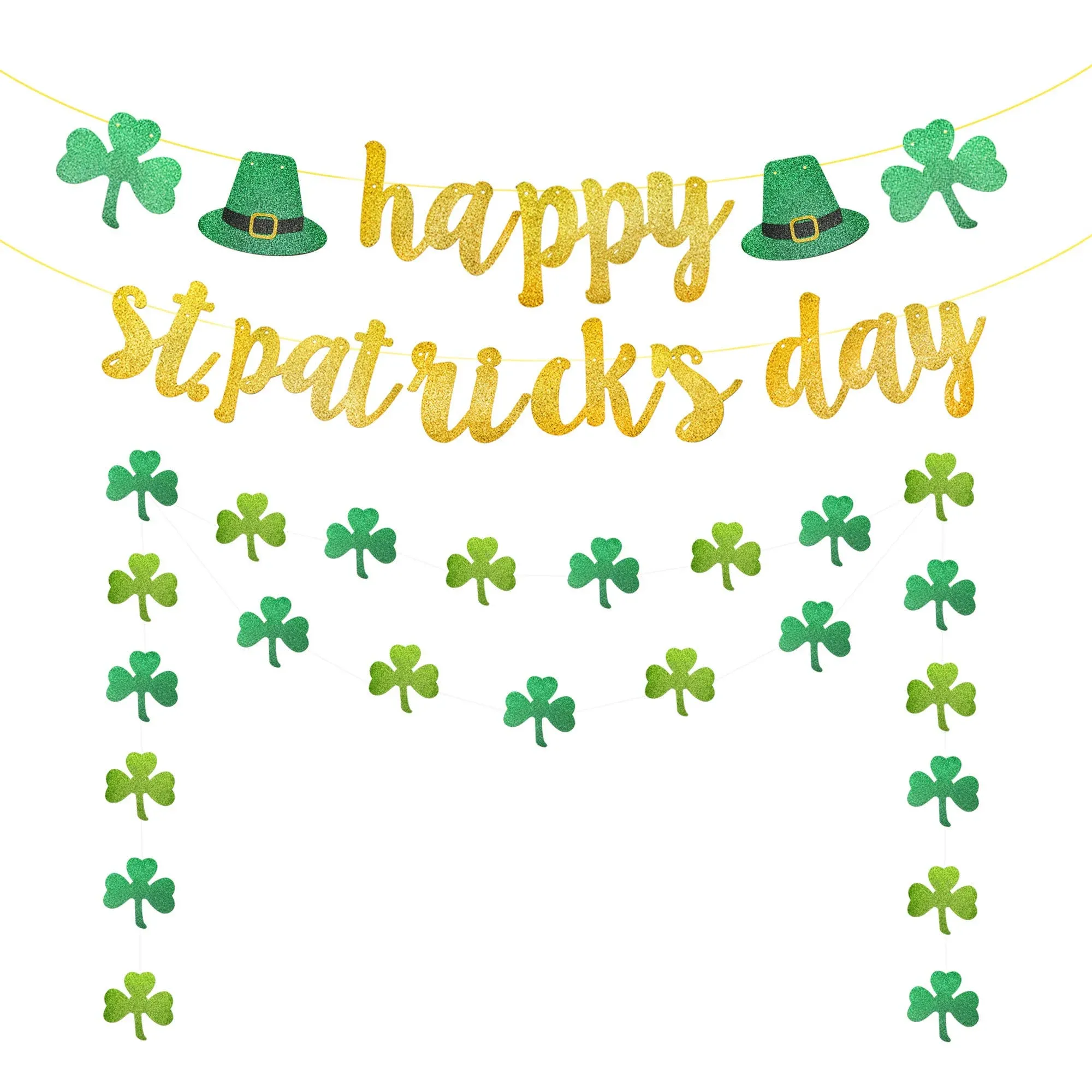 Happy St. Patrick’s Day Banner Green Glitter and St Patricks Day Shamrock 