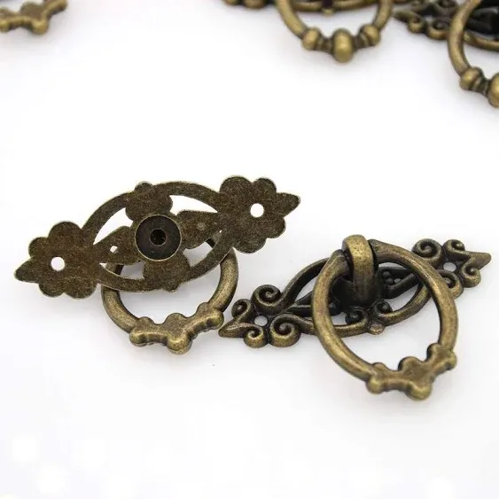 10 PCs Vintage Distressed Antique Brass Finish Ring Pulls Handles for Cabinet Cupboard Drawer Dresser, Length 2.5-in (6.5 cm) and Width 1.8-in (4.7 cm)