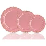 Exquisite 60 Pcs Disposable Plastic Plates | Victorian Design Premium Disposable Plates | 9 inch. Pink & Gold China Like Plastic Plates For Parties & Weddings