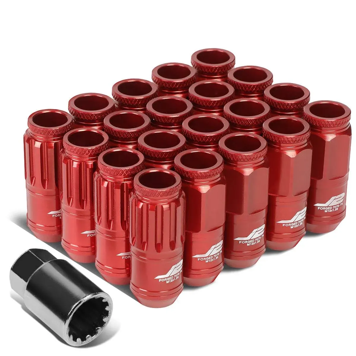 J2 Engineering 16Pcs 7075 Aluminum Open End M12 x 1.25 Lug Nuts w/4Pcs Lock Nuts & Key, Red, Fit Conical Seat, LN-T7-002-125-RD