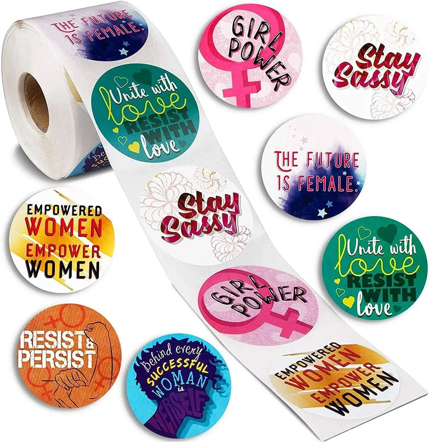 500-Piece Round Feminist Encouragement Stickers, Feminism Girl Power Quotes, 8 Designs, 2 x 2"