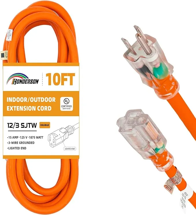 Indoor Outdoor Extension Cord Weatherproof with Lighted End, UL Listed, 12 Gauge 10FT Orange 3 Prong Heavy Duty Extension Cord, 12/3 SJTW 15A Power Extension Cord for Outdoor Lights, Lawn