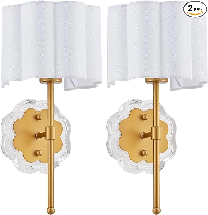 Modern Wall Sconce Set of 2, with Creamy-White Fabric Flower and Antique Brass Brush Paint Finish Shade for Vanity Stairway Fireplace Kitchen Living Room Bedside