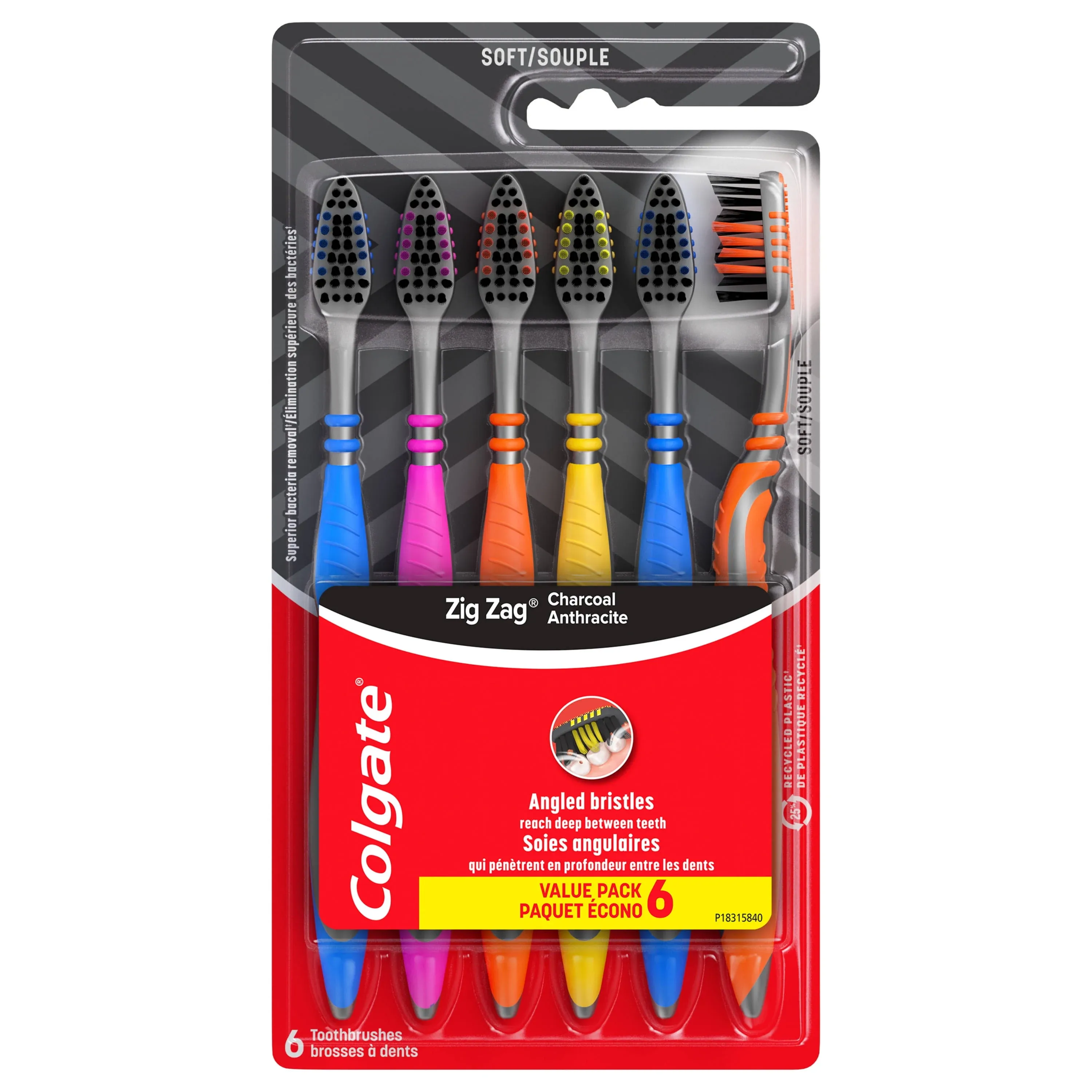 Colgate Zig Zag Charcoal Adult Manual Toothbrush, Soft, 6 Pack