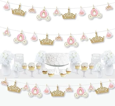 Little Princess Crown - Pink and Gold Princess Baby Shower or Birthday Party DIY Decorations - Clothespin Garland Banner - 44 Pieces