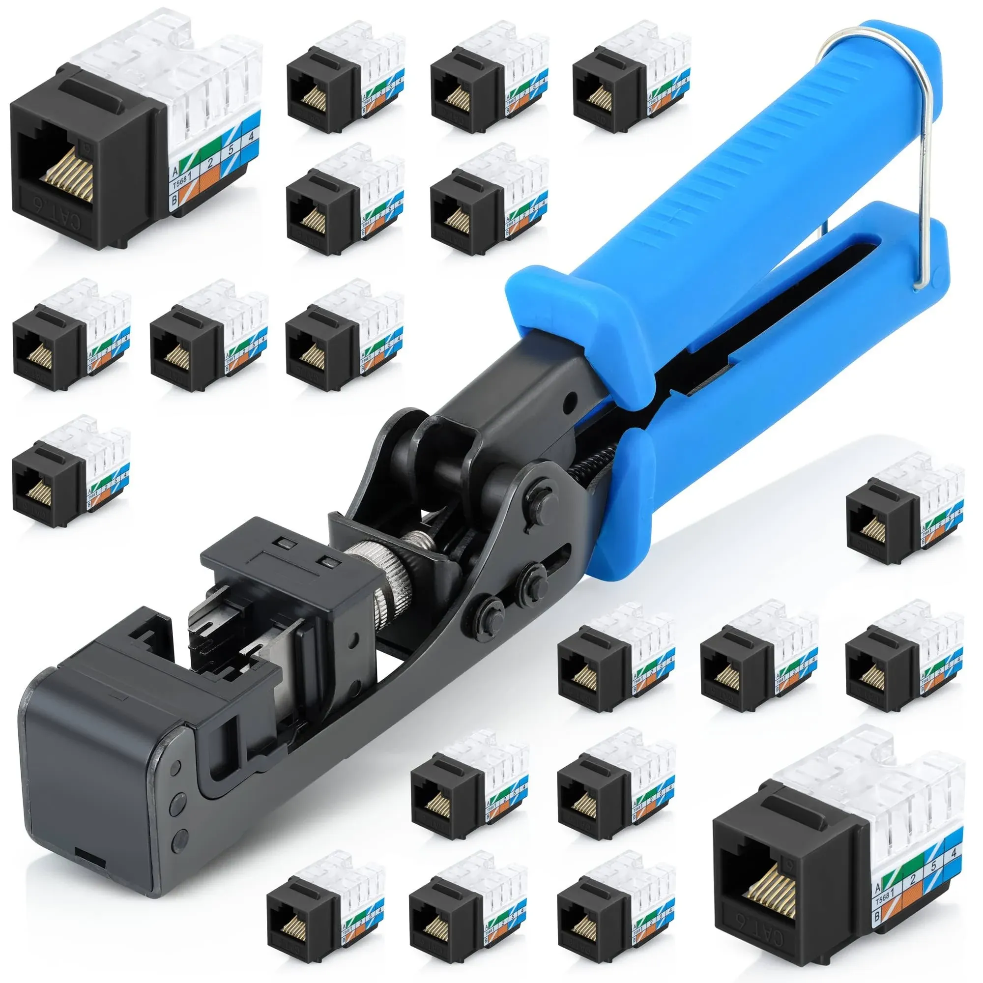 Everest Media Solutions easyJACK - 90° Angled Speed Termination Tool - with 20-Pack of RJ45 Cat6 Keystone Jacks in Black - Additional Jacks are Available - (90U6KJ50BLA)