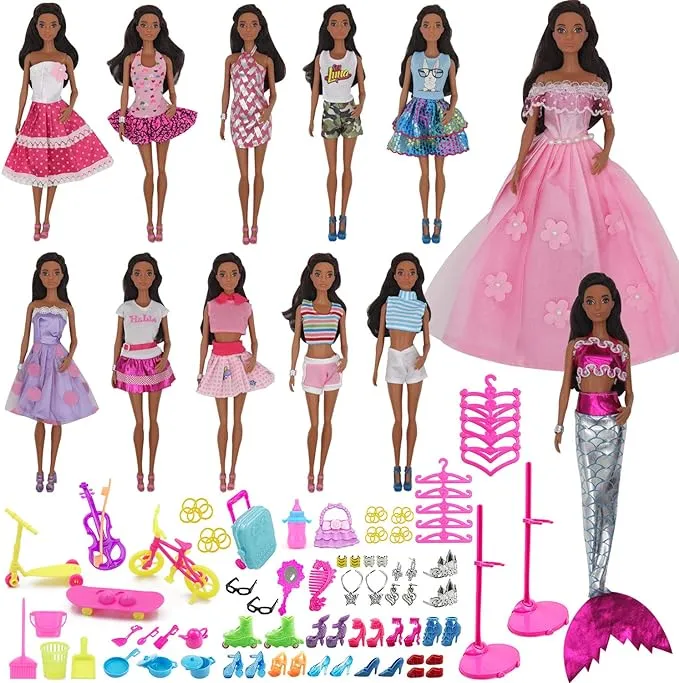 90Pcs Doll Clothes and Accessories for 11.5 Inch Girl Dolls Set Contain 10 Different Handmade Party Doll Grown Outfits, 1 Handmade Wedding Dress, 1 Mermaid Dress, 78 Accessories for Girl Doll