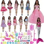 90Pcs Doll Clothes and Accessories for 11.5 Inch Girl Dolls Set Contain 10 Different Handmade Party Doll Grown Outfits, 1 Handmade Wedding Dress, 1 Mermaid Dress, 78 Accessories for Girl Doll