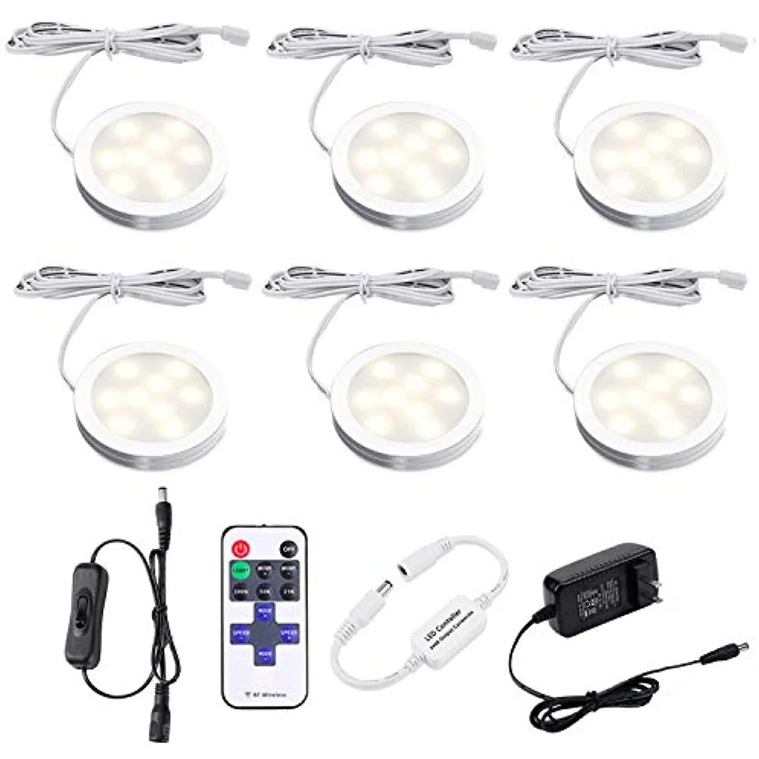 AIBOO Linkable Under Cabinet LED Lighting 12V Dimmable Puck Lights Hardwired with Wireless RF Remote Control for Kitchen Mood Lighting(8 Lights, Warm White, NO Wall Plug)