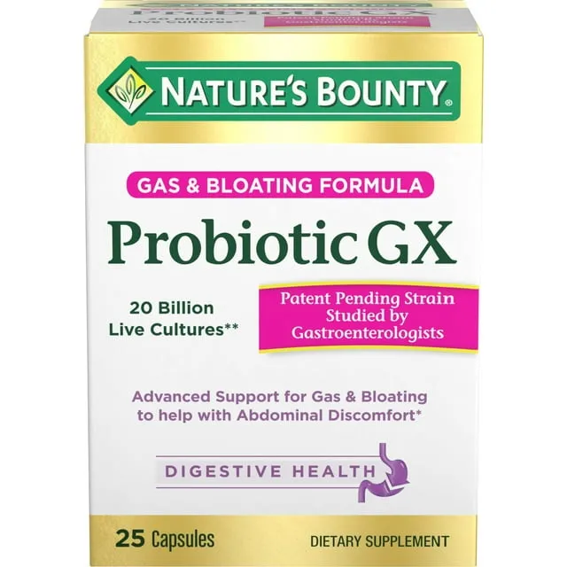 Nature's Bounty Probiotic, for Occasional Gas and Bloating Dietary Formula, Dietary Supplement, Helps with Abdominal Discomfort, Promotes Digestive Health, 25 Capsules